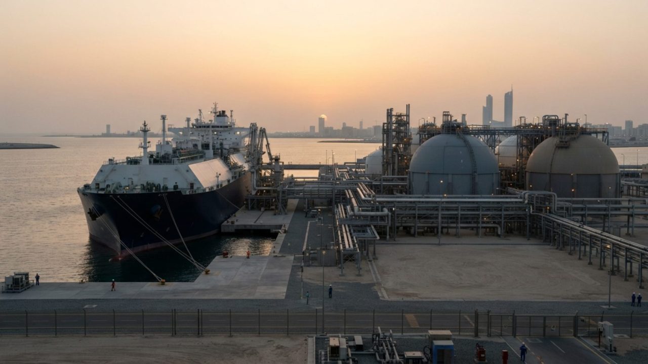 Illustration: A modern liquefied natural gas export terminal and storage tanks along an industrial coastline at sunset, with an LNG carrier ship docke