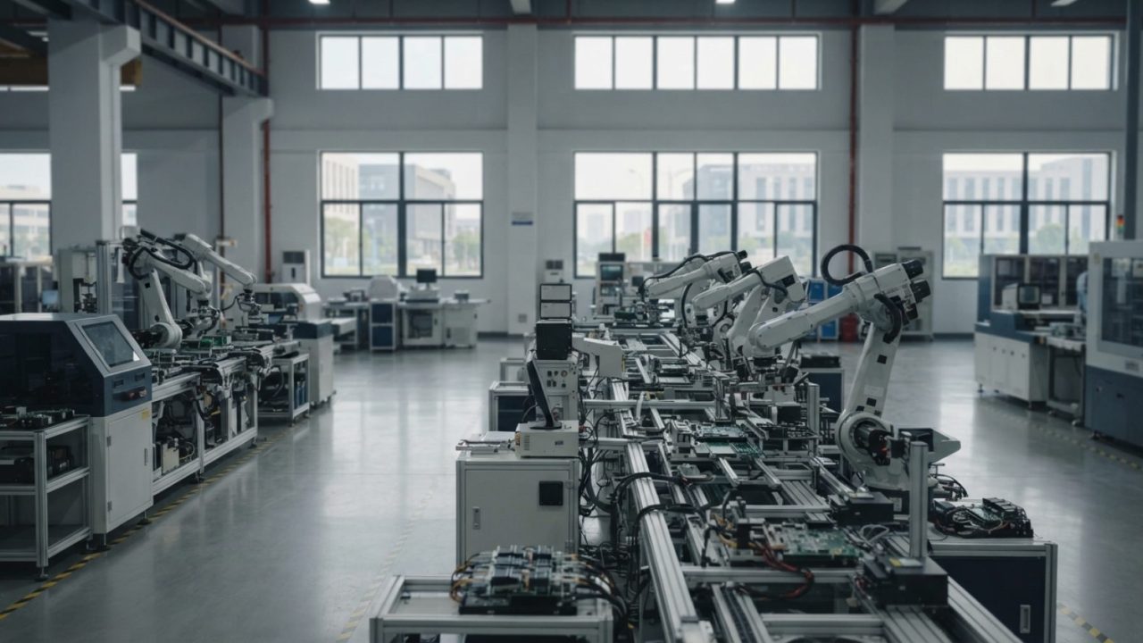 Illustration: A wide editorial view inside a modern, quiet automated electronics and high-tech manufacturing workshop in eastern China, showing roboti