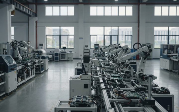 Illustration: A wide editorial view inside a modern, quiet automated electronics and high-tech manufacturing workshop in eastern China, showing roboti
