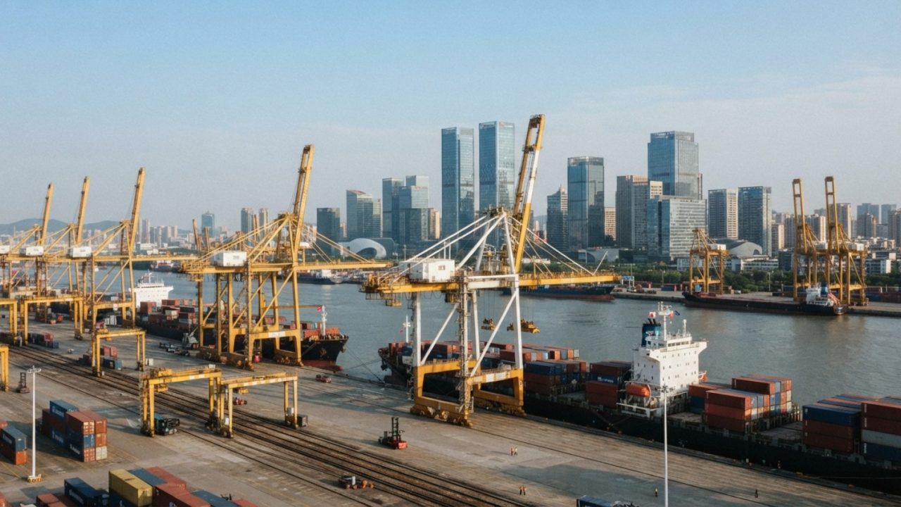 Illustration: Editorial photo of a modern coastal trade port and business skyline in Fuzhou, with container cranes and reflective office towers under