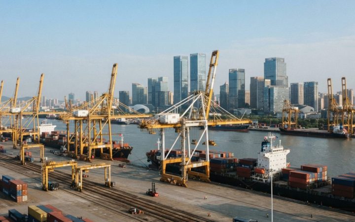 Illustration: Editorial photo of a modern coastal trade port and business skyline in Fuzhou, with container cranes and reflective office towers under