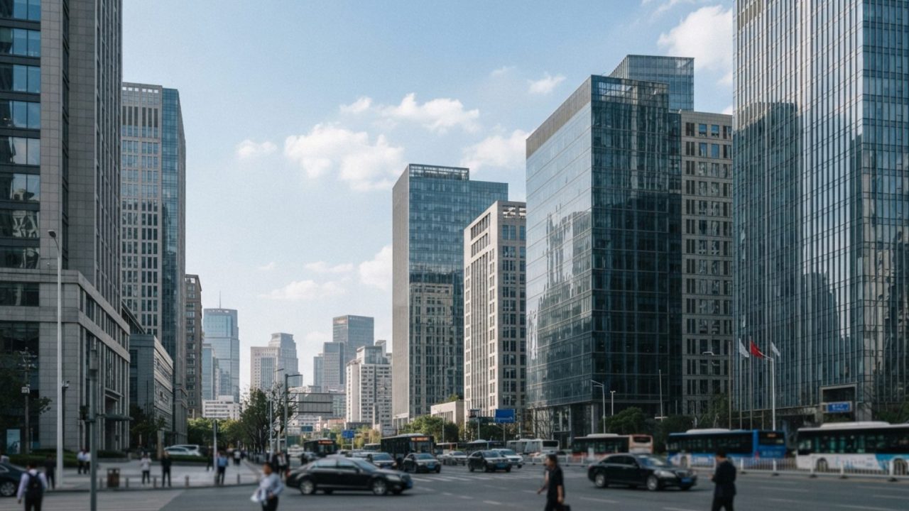 Illustration: Editorial photograph of a modern financial business district in China, showing high-rise commercial office towers and clean architectura
