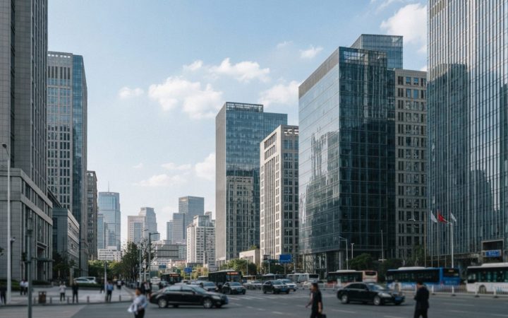Illustration: Editorial photograph of a modern financial business district in China, showing high-rise commercial office towers and clean architectura