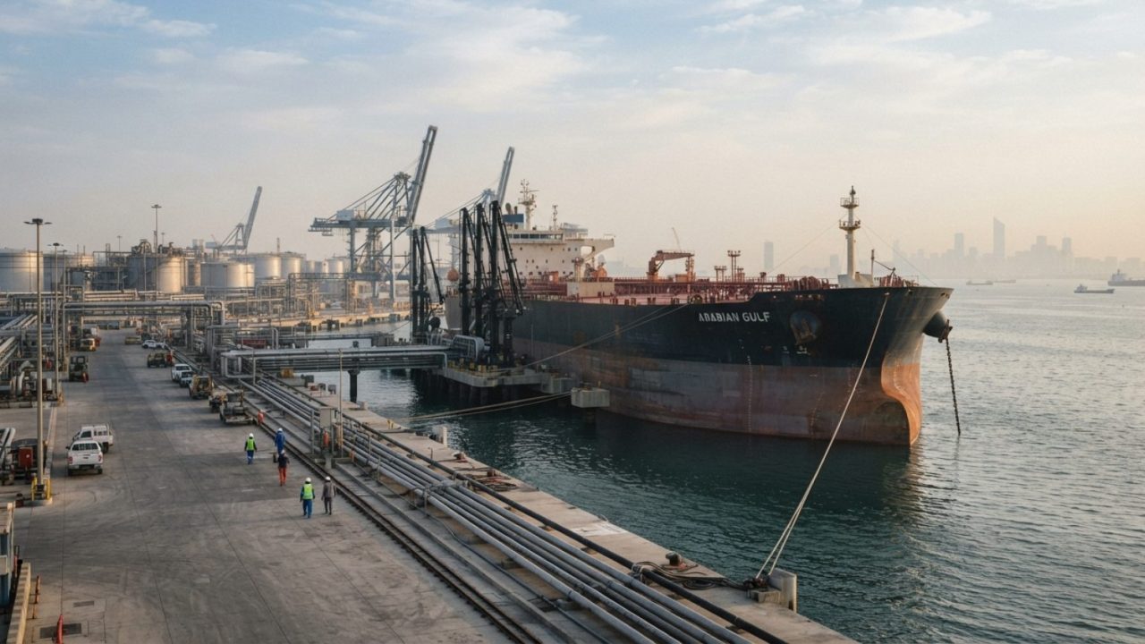 Illustration: A large crude oil supertanker berthed at a modern commercial coastal oil terminal, with pipelines, storage tanks, and industrial cranes