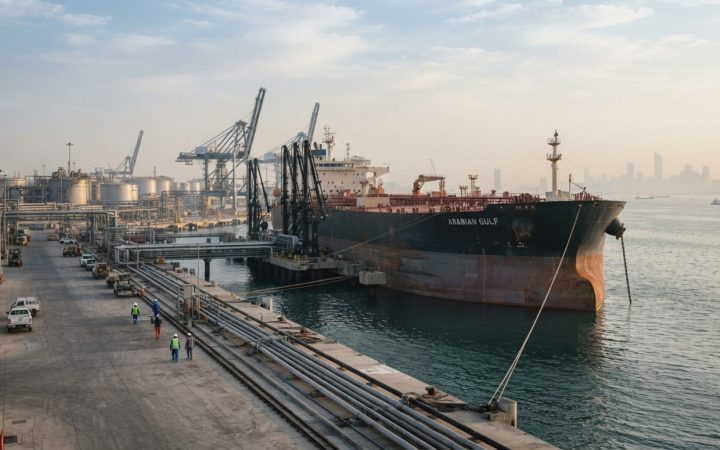 Illustration: A large crude oil supertanker berthed at a modern commercial coastal oil terminal, with pipelines, storage tanks, and industrial cranes