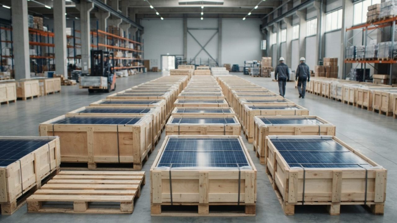 Illustration: Rows of newly manufactured blue solar photovoltaic panels packed in wooden shipping crates on pallets inside a modern industrial logisti