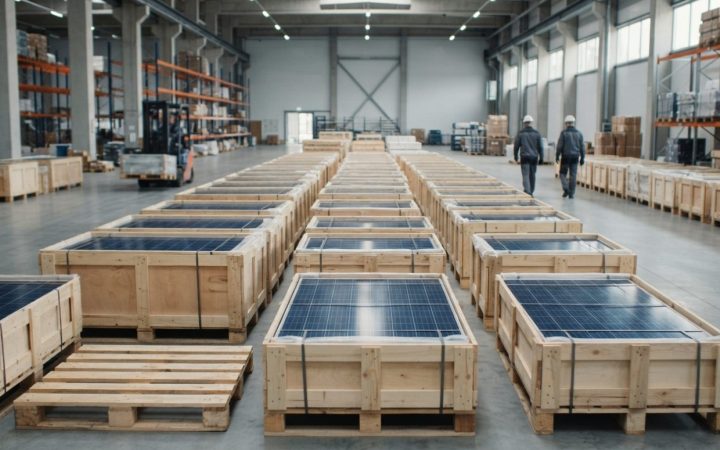 Illustration: Rows of newly manufactured blue solar photovoltaic panels packed in wooden shipping crates on pallets inside a modern industrial logisti
