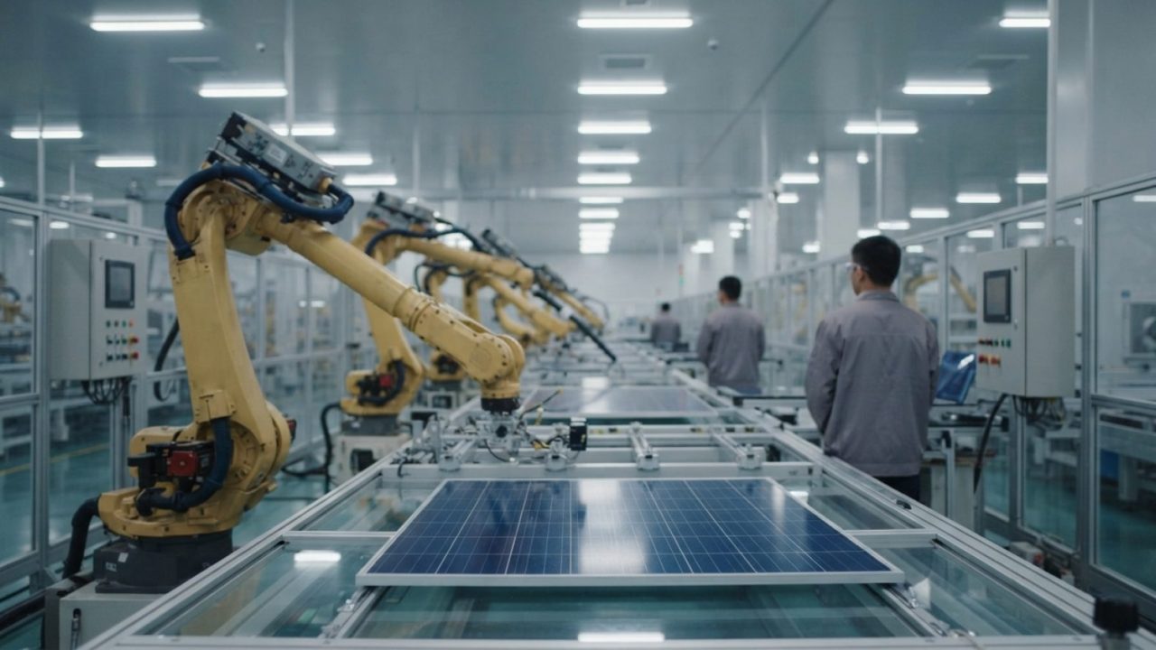 Illustration: An expansive interior of an automated photovoltaic solar panel production line in eastern China, showing industrial robotic arms handlin
