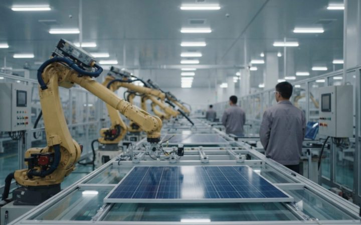 Illustration: An expansive interior of an automated photovoltaic solar panel production line in eastern China, showing industrial robotic arms handlin