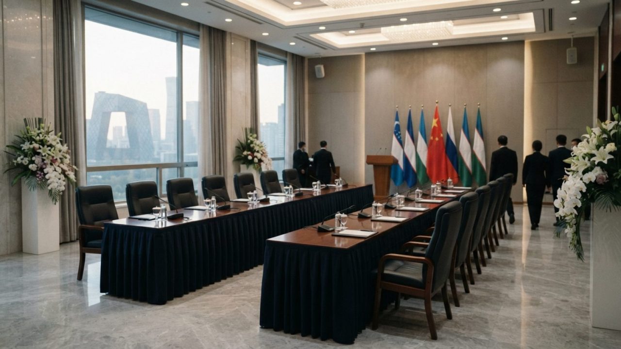 Illustration: Editorial photograph of a modern diplomatic reception hall in Beijing, featuring bilateral conference seating, polished marble floors, l