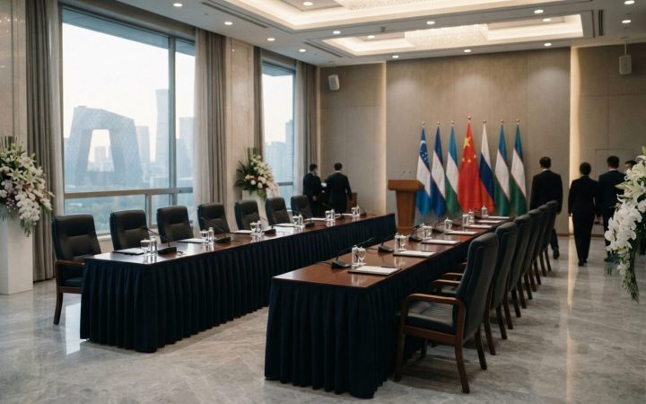 Illustration: Editorial photograph of a modern diplomatic reception hall in Beijing, featuring bilateral conference seating, polished marble floors, l