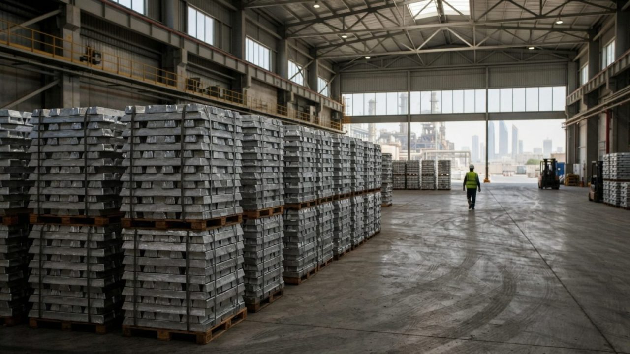 Illustration: Stacks of industrial aluminum ingots stored inside a vast modern warehouse near an industrial manufacturing plant, documentary editorial