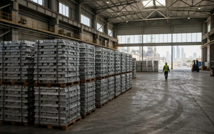Illustration: Stacks of industrial aluminum ingots stored inside a vast modern warehouse near an industrial manufacturing plant, documentary editorial