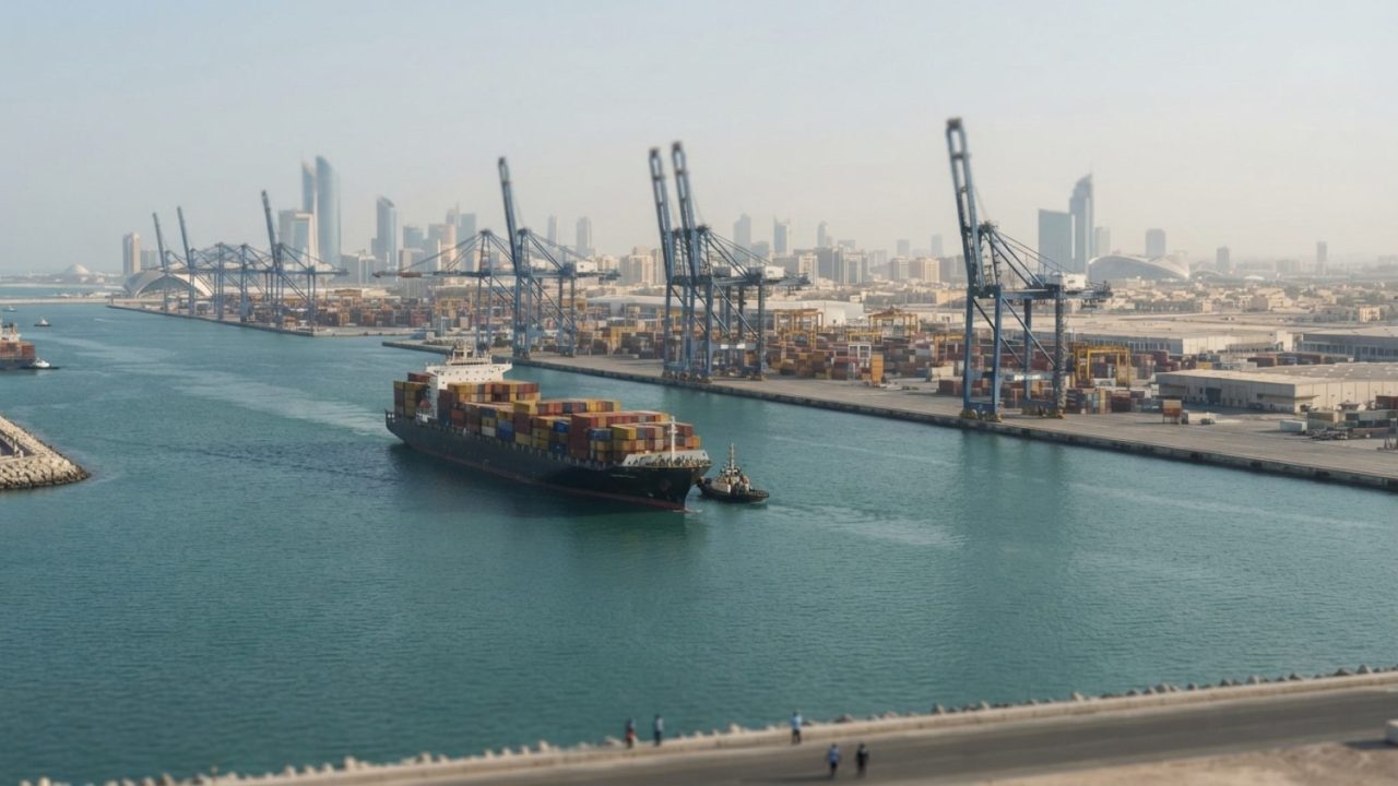 Illustration: Commercial cargo ships navigating through a calm Gulf waterway near a modern Middle Eastern logistics hub and port terminal under clear