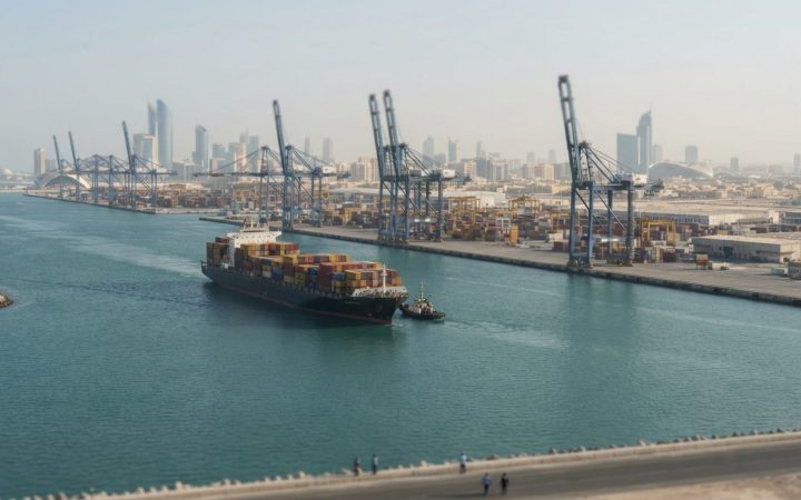 Illustration: Commercial cargo ships navigating through a calm Gulf waterway near a modern Middle Eastern logistics hub and port terminal under clear