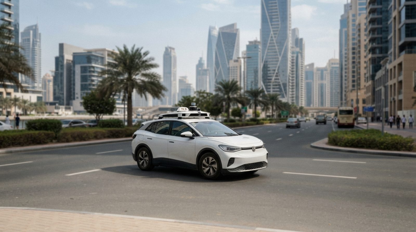 Illustration: A modern autonomous white SUV taxi equipped with roof-mounted LiDAR and sensors driving along a wide modern boulevard in Dubai, with sle