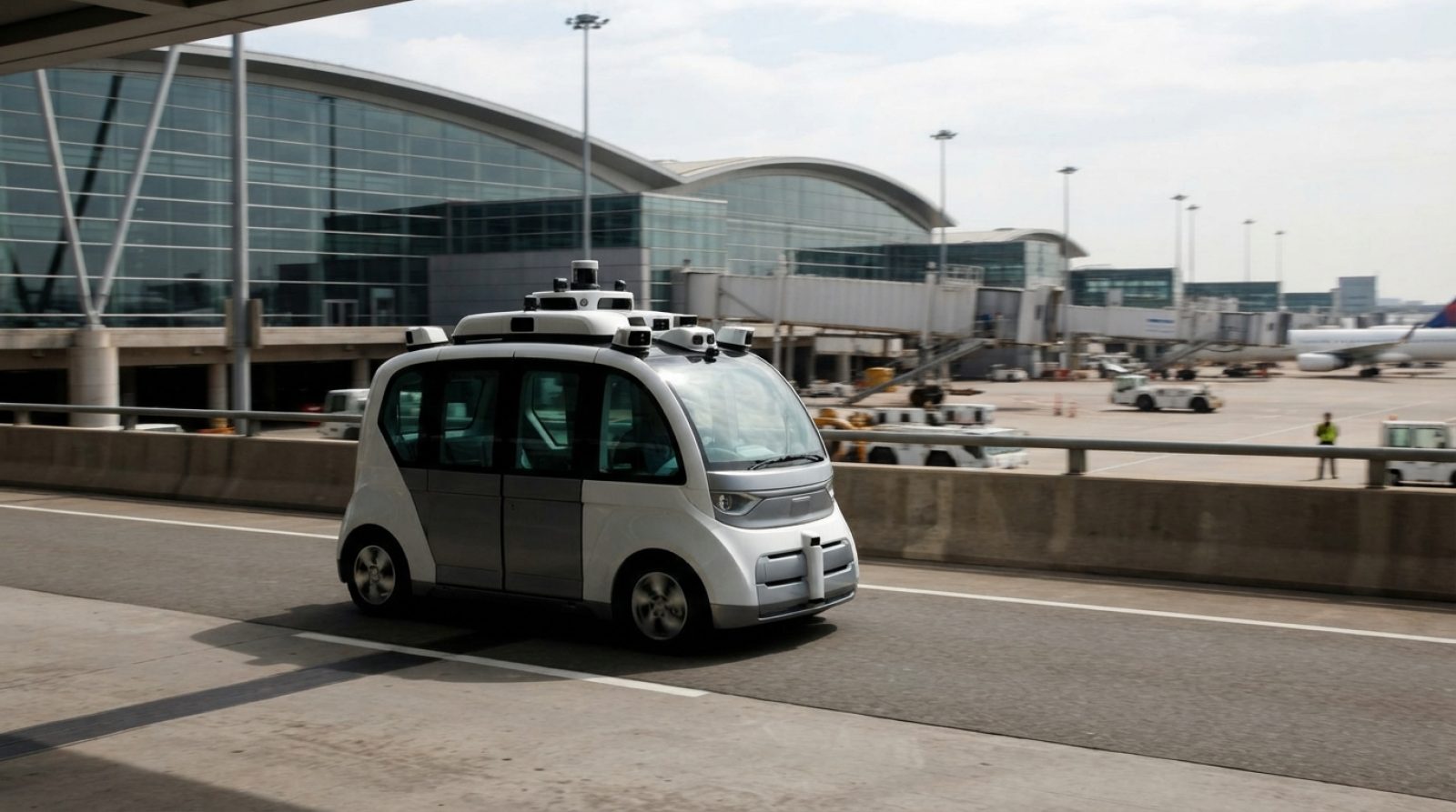 Illustration: A modern autonomous passenger vehicle equipped with rooftop lidar and sensors driving along an elevated roadway near an international ai