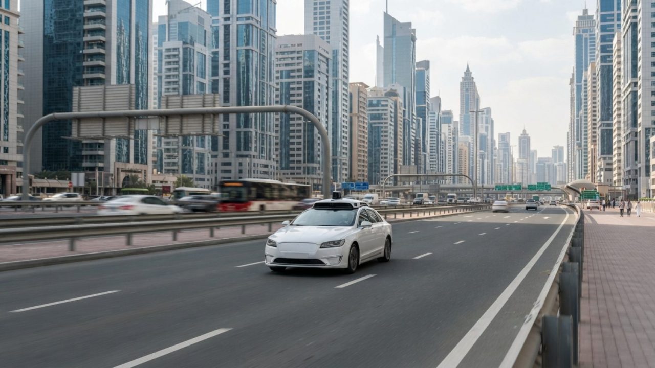 Illustration: A modern white autonomous electric passenger car with sleek rooftop lidar sensors navigating a multi-lane city highway lined with glass