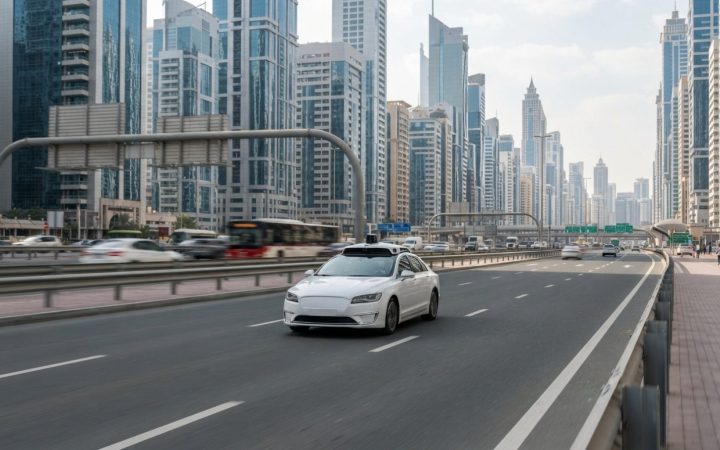 Illustration: A modern white autonomous electric passenger car with sleek rooftop lidar sensors navigating a multi-lane city highway lined with glass