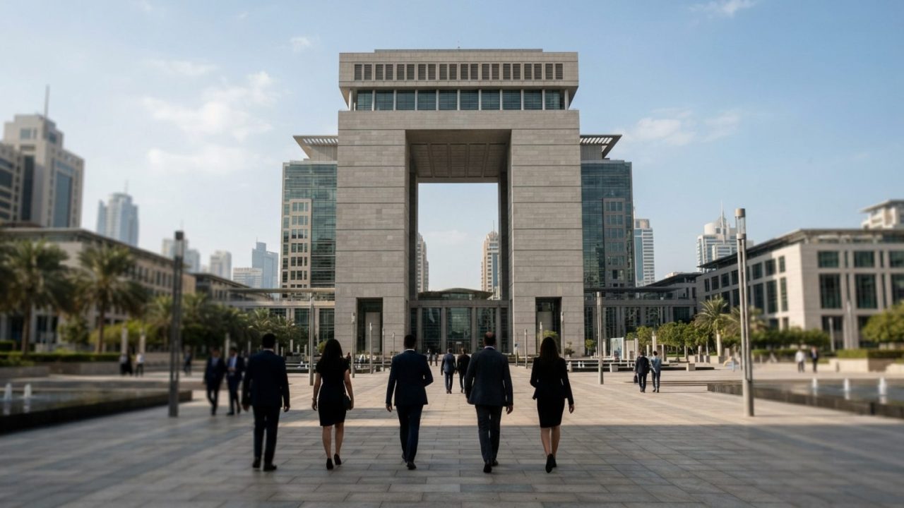 Illustration: Modern architectural view of the Dubai International Financial Centre gate building during daytime with business professionals walking i