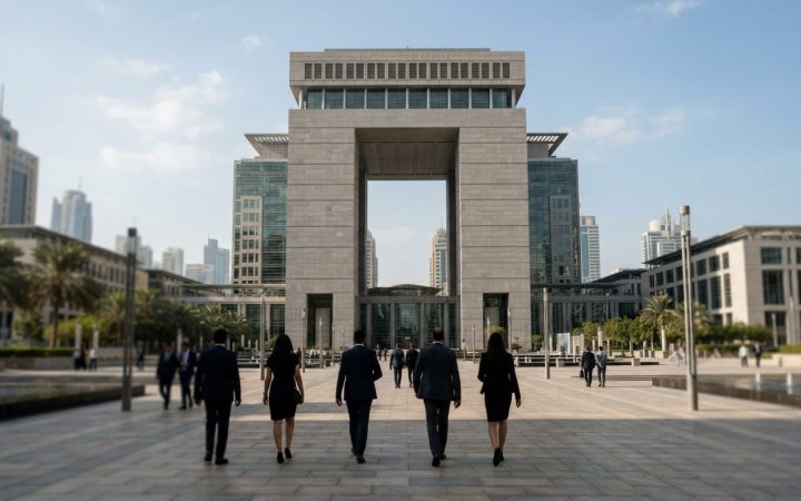 Illustration: Modern architectural view of the Dubai International Financial Centre gate building during daytime with business professionals walking i