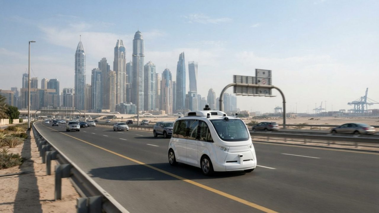 Illustration: A modern autonomous vehicle being tested on a wide multi-lane urban highway in Dubai with sleek modern skyscrapers and logistics infrast