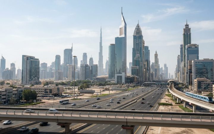 Illustration: A modern commercial skyline of Dubai's business district showing office glass towers and wide roads under bright daylight, realistic edi