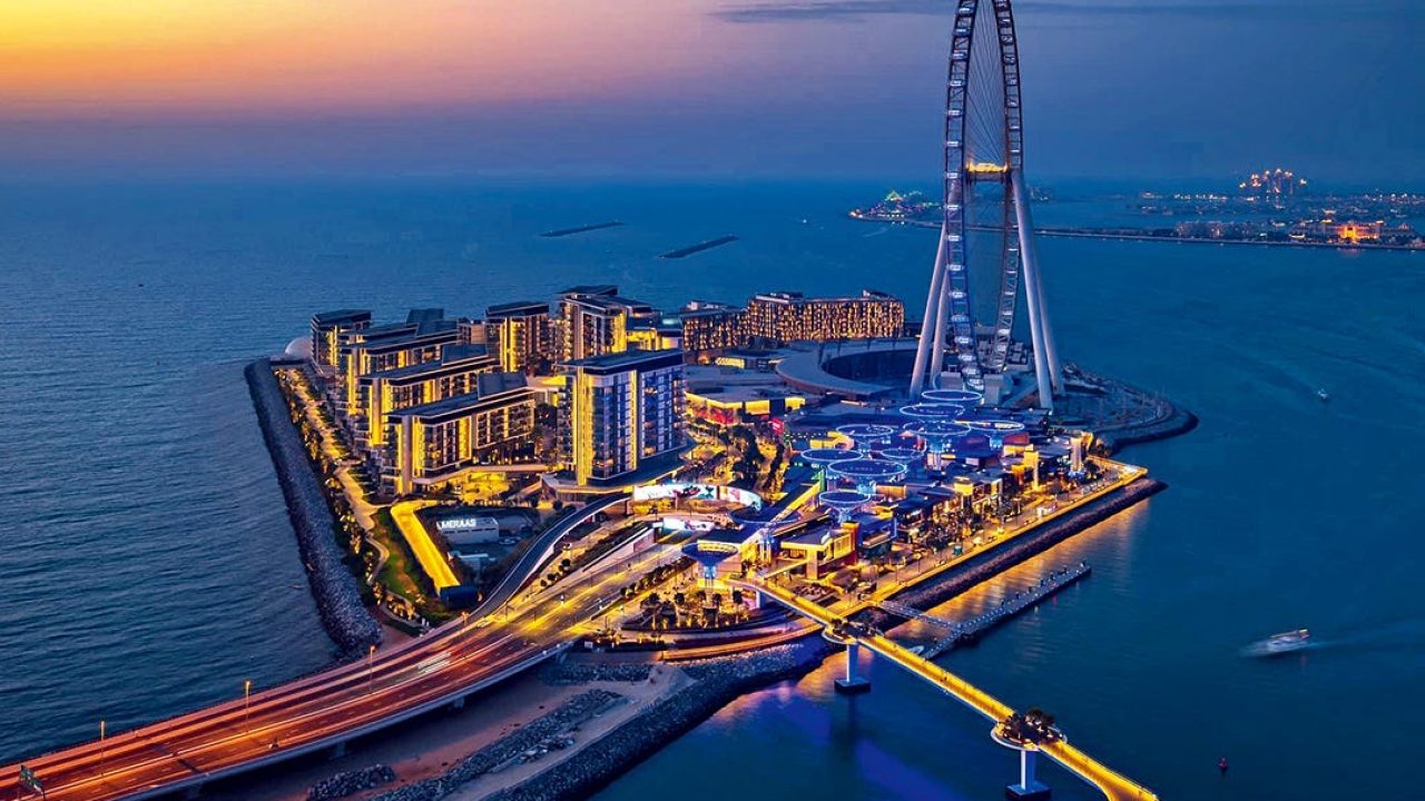 Aerial twilight view of Bluewaters Island and Ain Dubai in Dubai