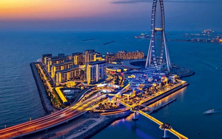 Aerial twilight view of Bluewaters Island and Ain Dubai in Dubai