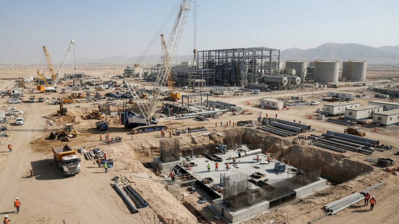 Illustration: Heavy construction cranes, earthmoving equipment, and foundational civil works underway at a vast desert gas-turbine power plant constru