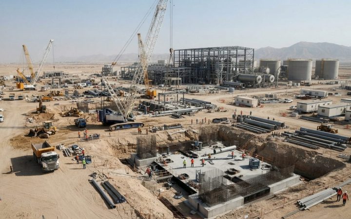 Illustration: Heavy construction cranes, earthmoving equipment, and foundational civil works underway at a vast desert gas-turbine power plant constru