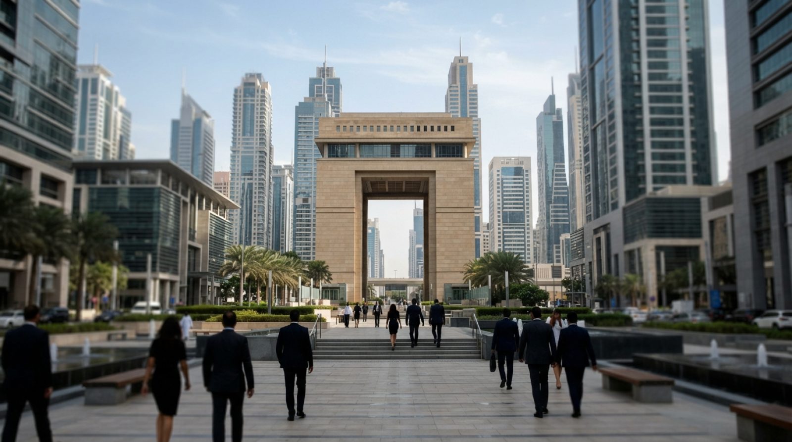 Illustration: Editorial photograph of the Dubai International Financial Centre Gate building district during business hours, modern glass financial to