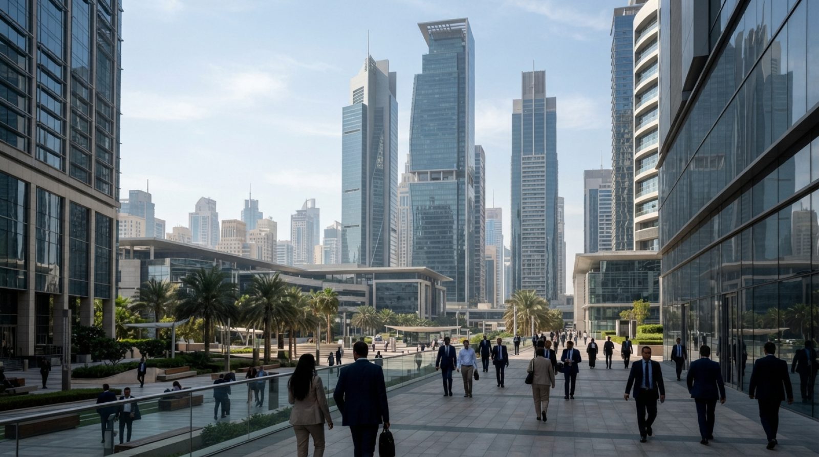 Illustration: A modern financial district architectural scene in Dubai showing sleek glass office towers and pedestrian plazas under clear daylight, r