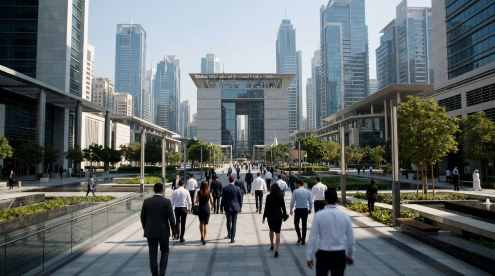 Illustration: Modern architectural view of the Dubai International Financial Centre district with polished glass office towers and business people wal