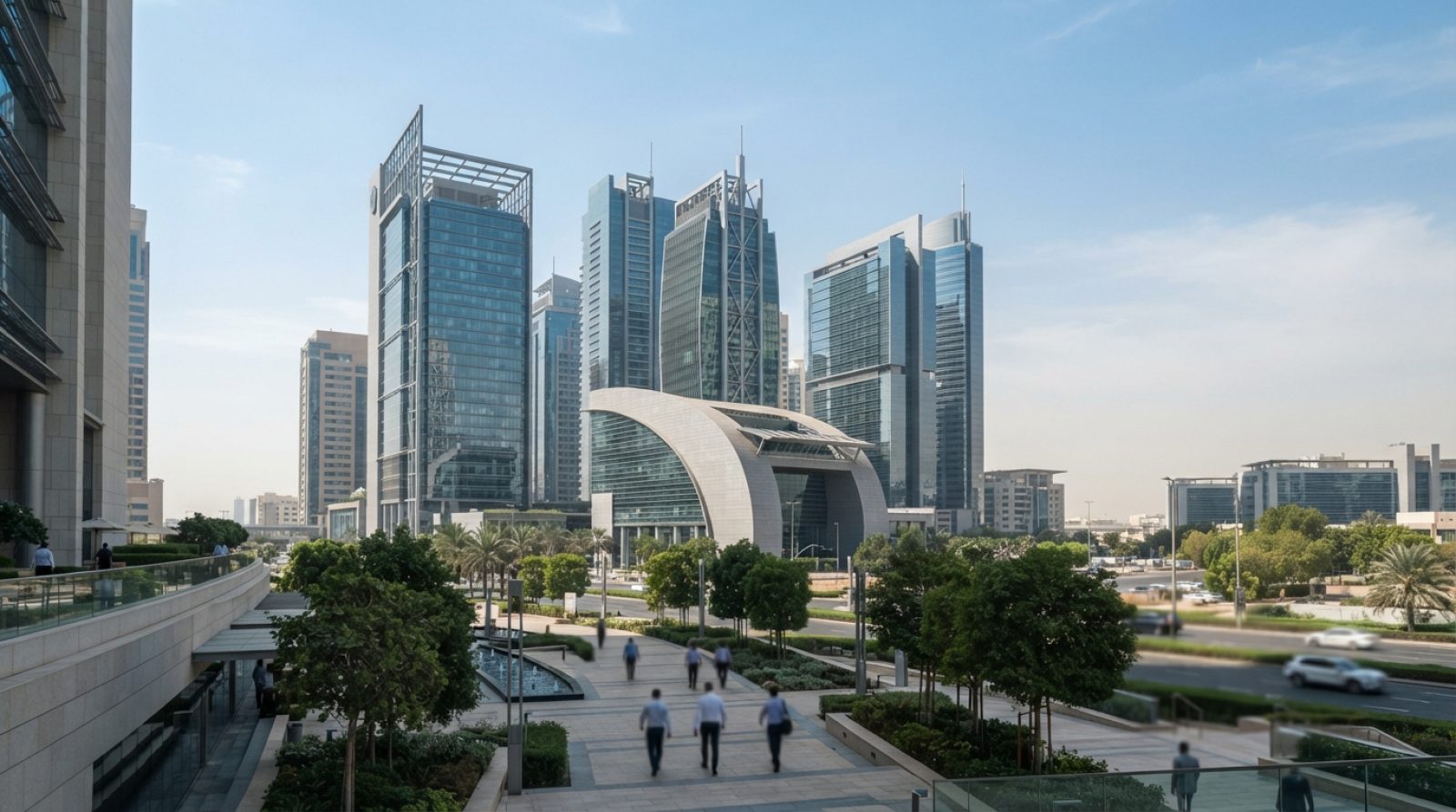 Illustration: A modern architectural view of the Dubai International Financial Centre precinct featuring sleek glass facades and commercial office tow