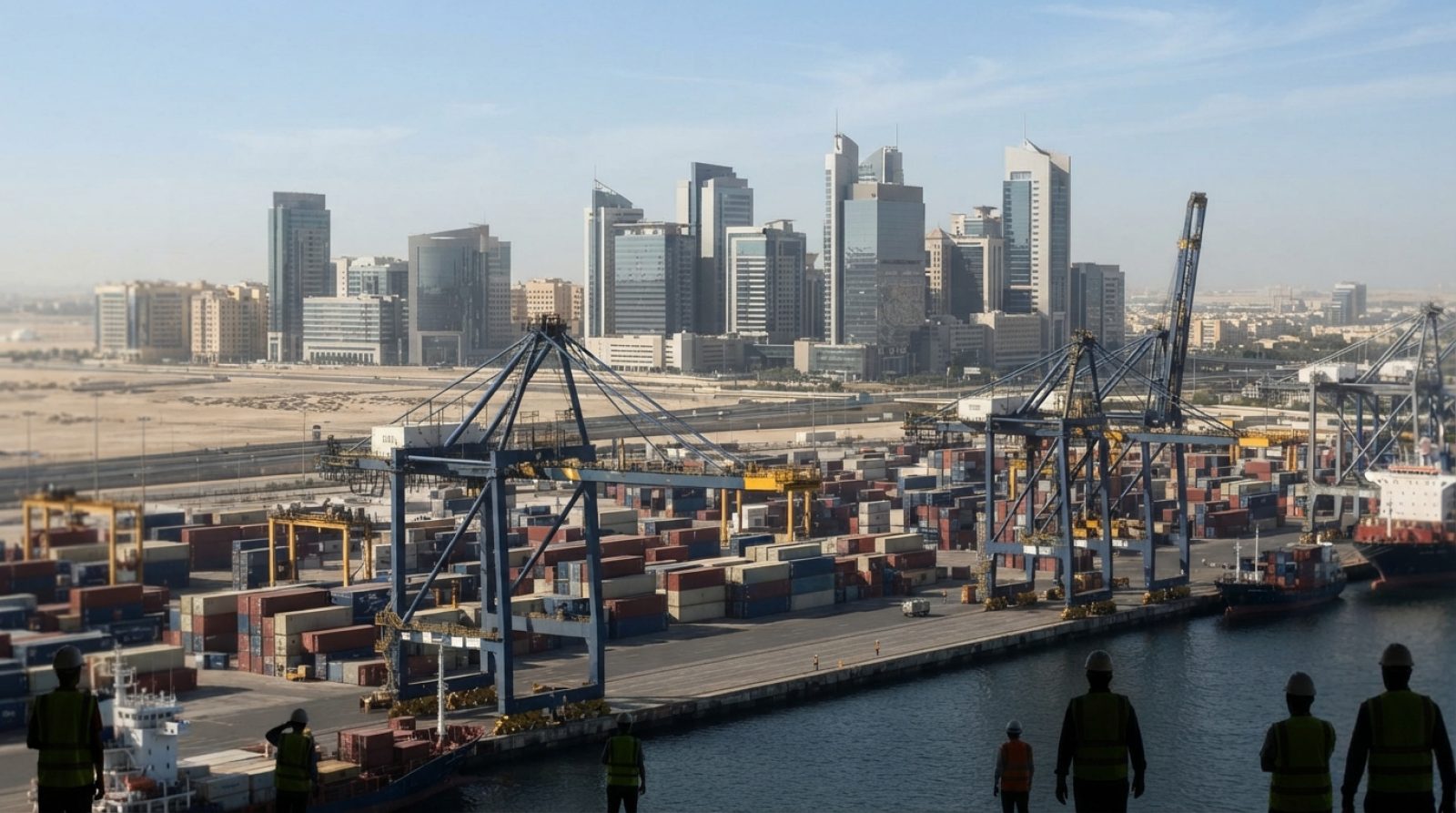 Illustration: Editorial news photograph showing modern financial and logistics hub infrastructure in the UAE, featuring container cranes and modern co