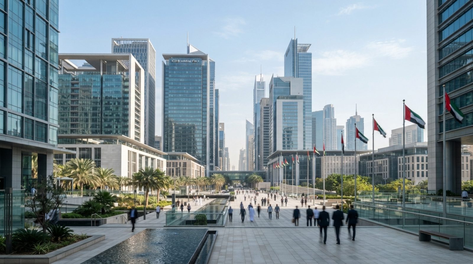 Illustration: Modern skyscrapers of the Dubai International Financial Centre financial district on a bright sunny day, with contemporary glass corpora