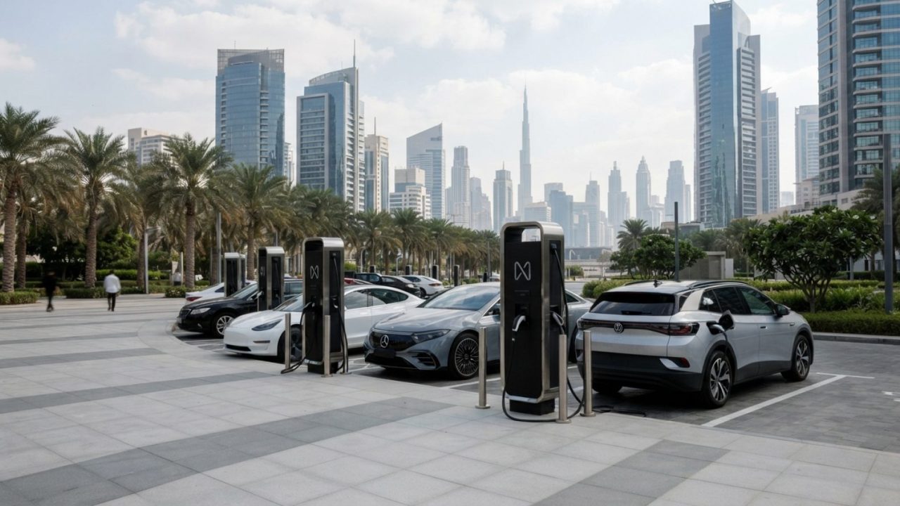 Illustration: A modern electric vehicle charging plaza in an urban Gulf metropolis during daytime, featuring contemporary electric cars plugged into s