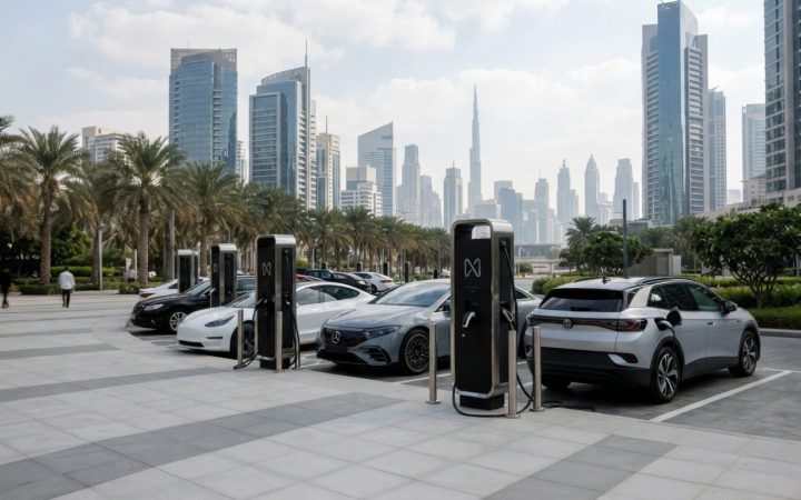 Illustration: A modern electric vehicle charging plaza in an urban Gulf metropolis during daytime, featuring contemporary electric cars plugged into s