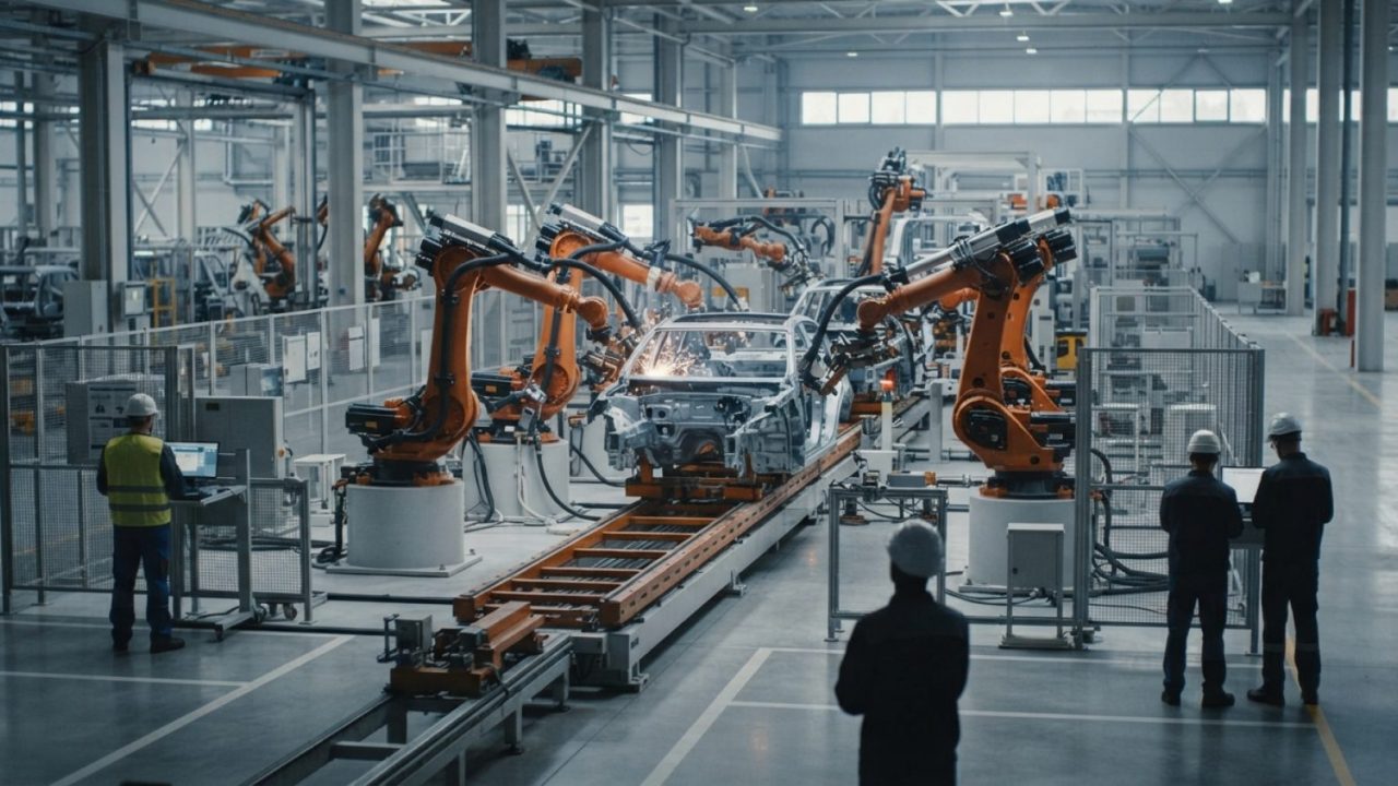 Illustration: Automated electric vehicle manufacturing assembly line with industrial robotic arms assembling a car chassis under clean overhead factor