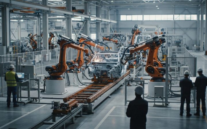 Illustration: Automated electric vehicle manufacturing assembly line with industrial robotic arms assembling a car chassis under clean overhead factor