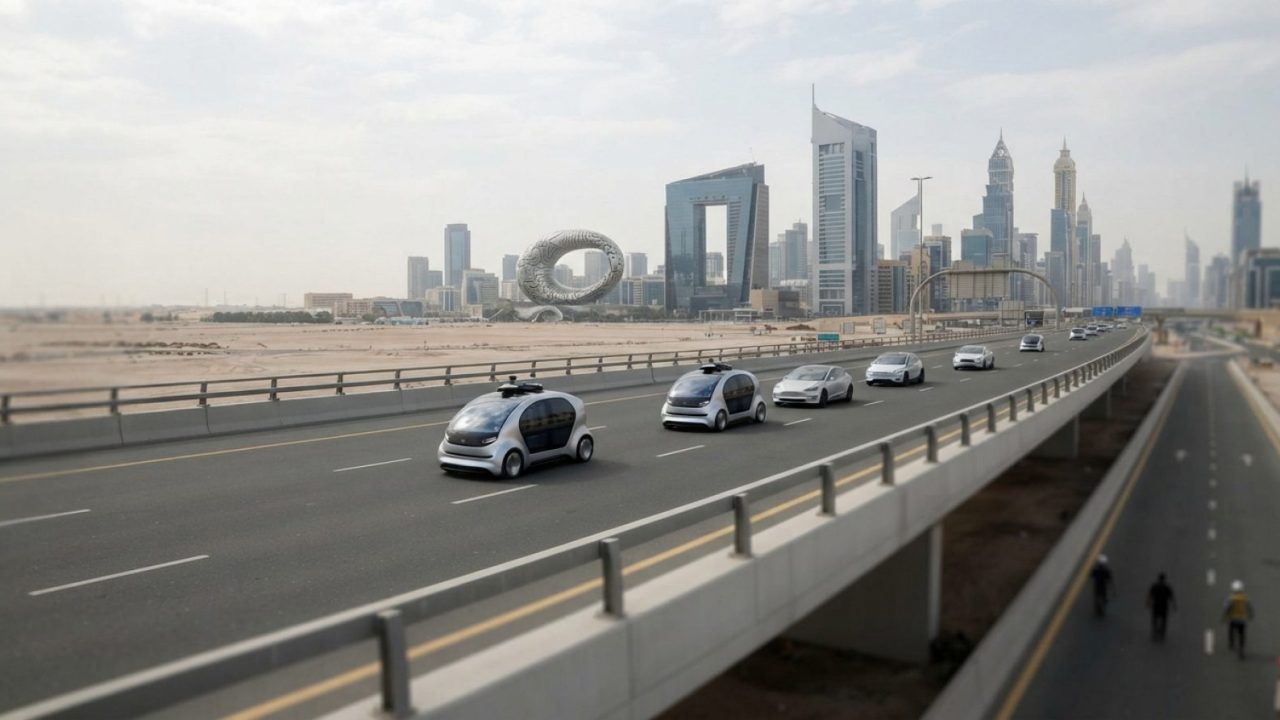 Illustration: Modern autonomous electric vehicles driving along a multi-lane highway in Dubai against a backdrop of contemporary commercial high-rise