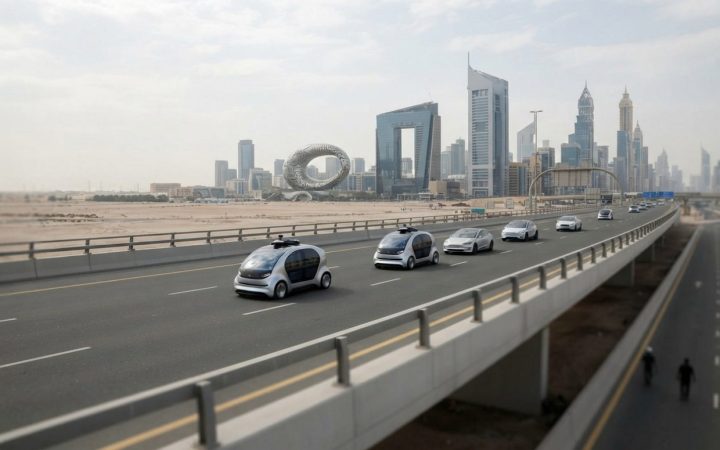 Illustration: Modern autonomous electric vehicles driving along a multi-lane highway in Dubai against a backdrop of contemporary commercial high-rise