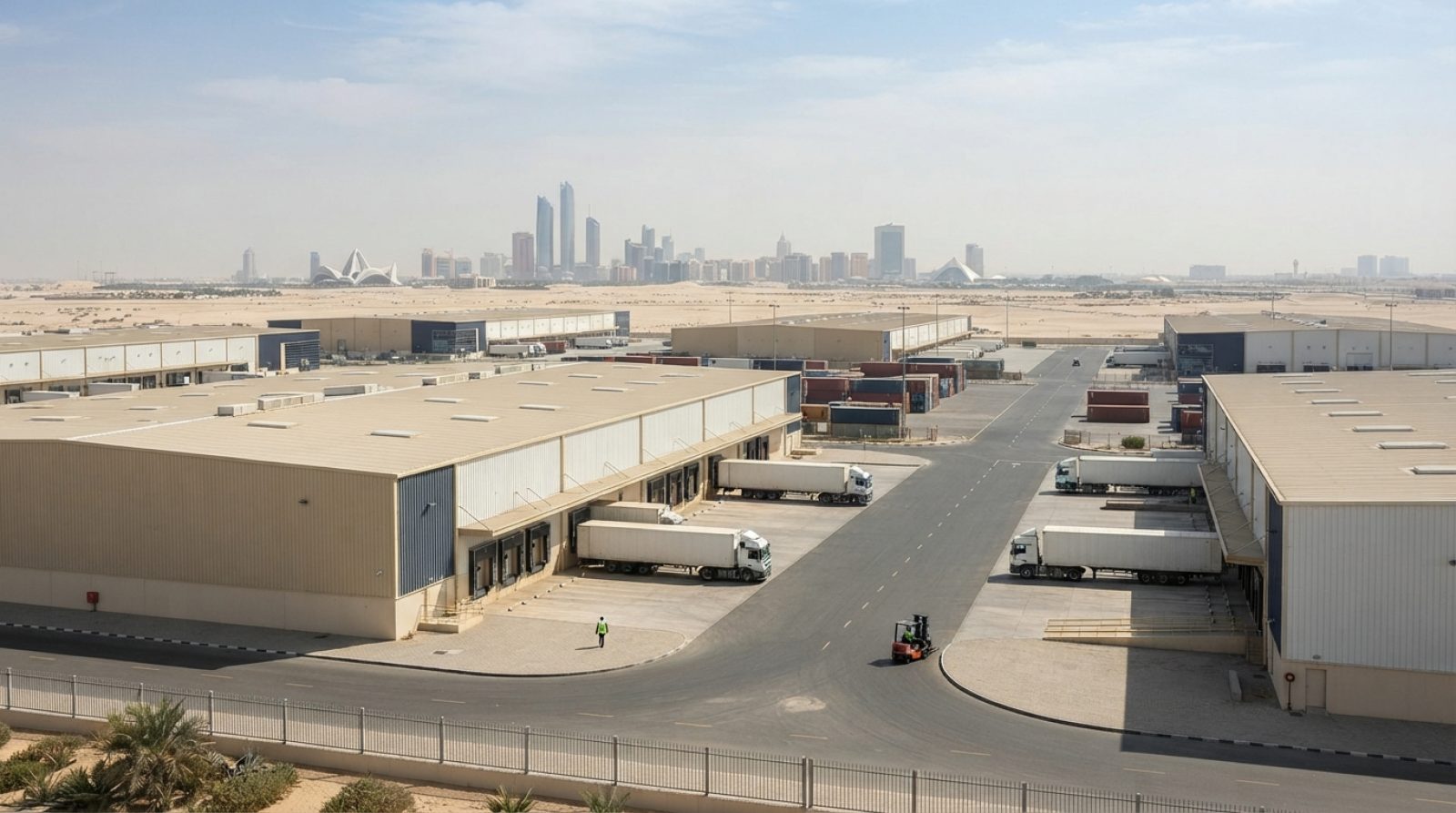 Illustration: A modern commercial logistics park with large state-of-the-art warehouses and distribution hubs under a bright desert sky in the United