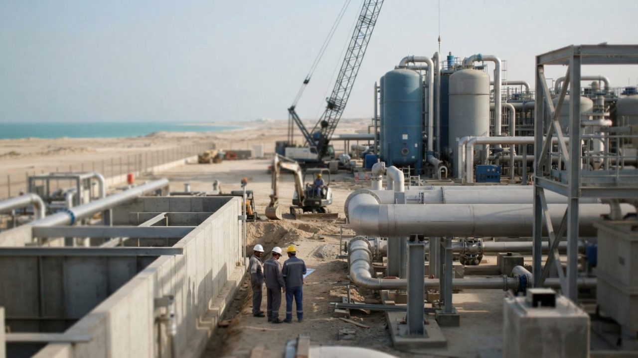 Illustration: Industrial construction site of a modern water treatment facility in an arid coastal region with pipes, filtration tanks, and cranes und