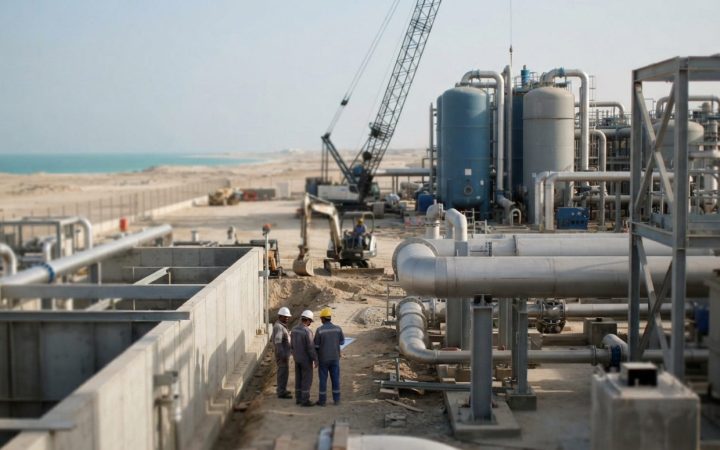 Illustration: Industrial construction site of a modern water treatment facility in an arid coastal region with pipes, filtration tanks, and cranes und
