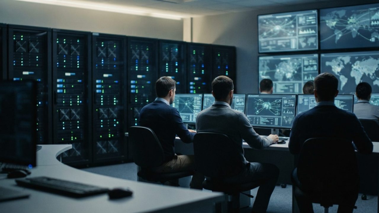 Illustration: A modern cybersecurity server operations room with glowing network monitoring screens displaying abstract data streams, server racks wit
