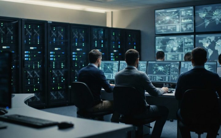 Illustration: A modern cybersecurity server operations room with glowing network monitoring screens displaying abstract data streams, server racks wit