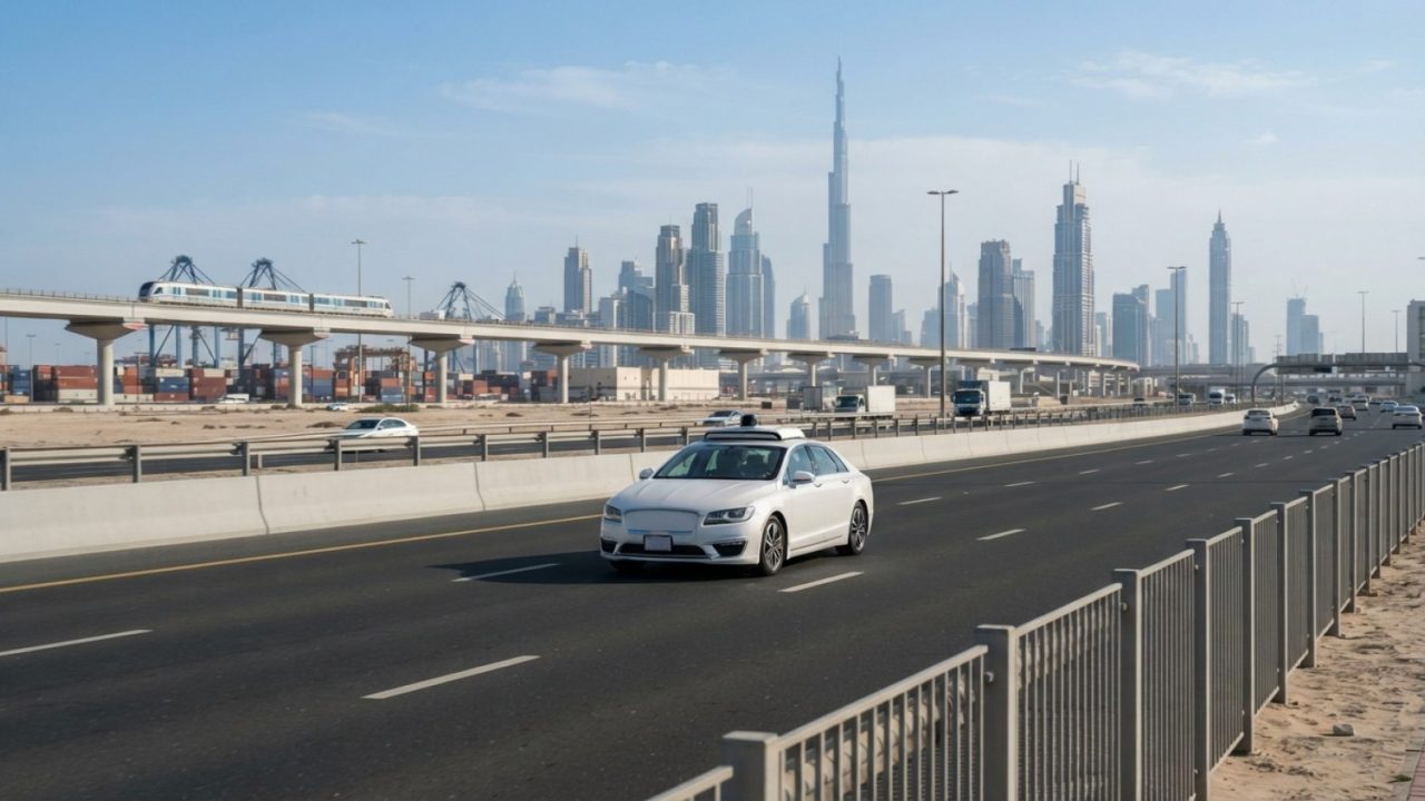 Illustration: A modern autonomous white taxi driving along a clean urban highway in Dubai with modern skyscrapers and logistics infrastructure in the