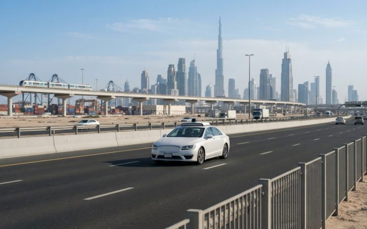 Illustration: A modern autonomous white taxi driving along a clean urban highway in Dubai with modern skyscrapers and logistics infrastructure in the